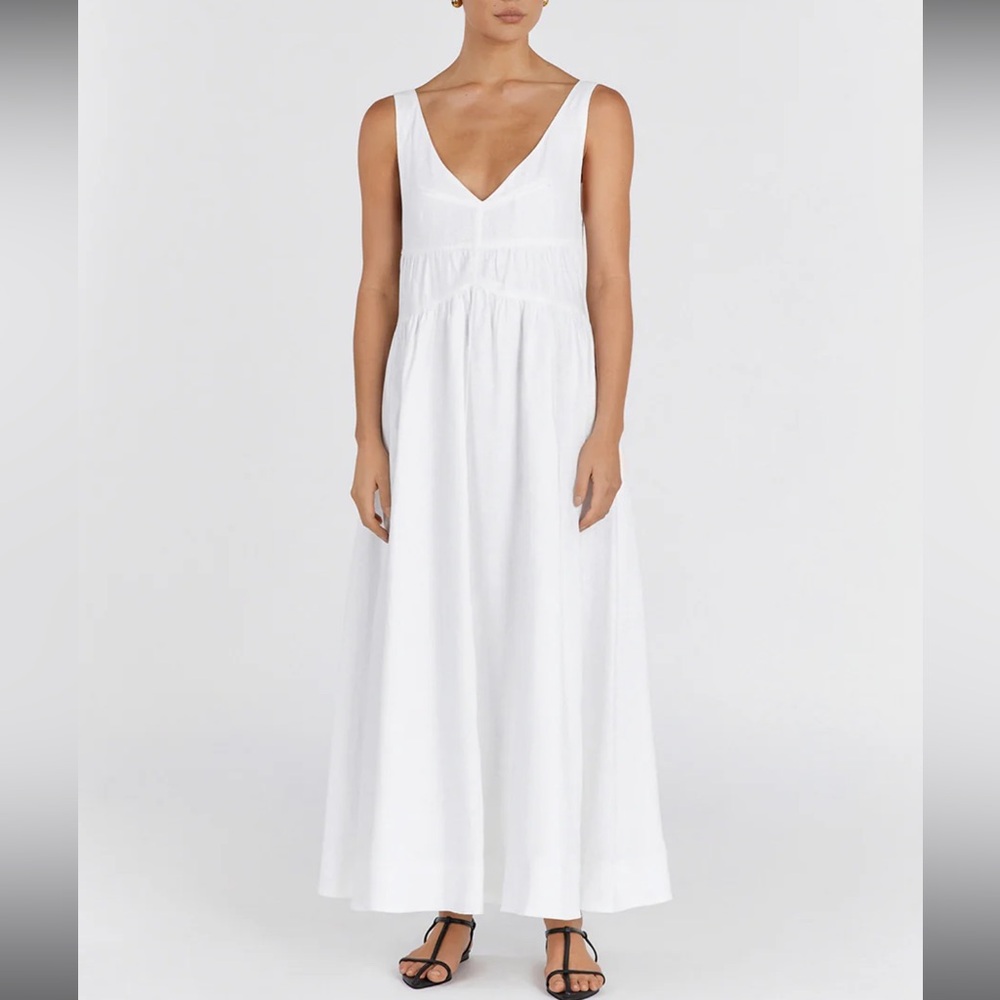 DISSH ARLO WHITE V NECK LINEN MAXI DRESS